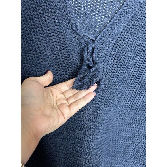 J Jill Open Knit Navy Sweater Tassel Tie Crochet Beachy Coastal Cottage Medium - Picture 7 of 10